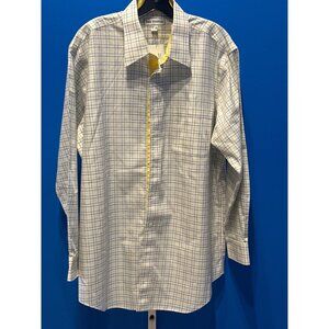 Paul Fredrick Mens White & Blue Plaid Dress Shirt 16 1/2-34 100% Cotton Button-U